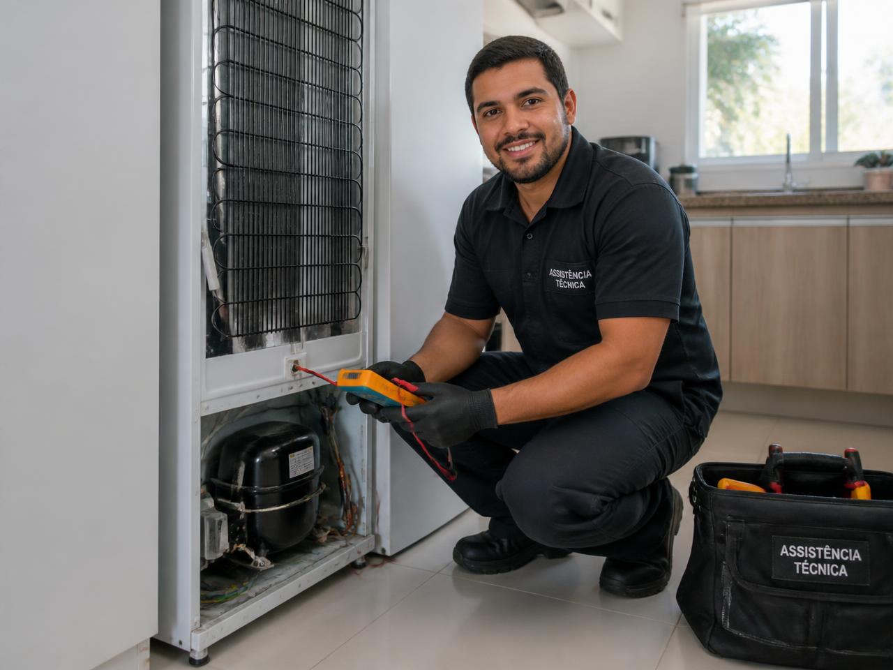 Técnico da HSS Assistência Técnica fazendo o conserto de uma geladeira em uma cozinha